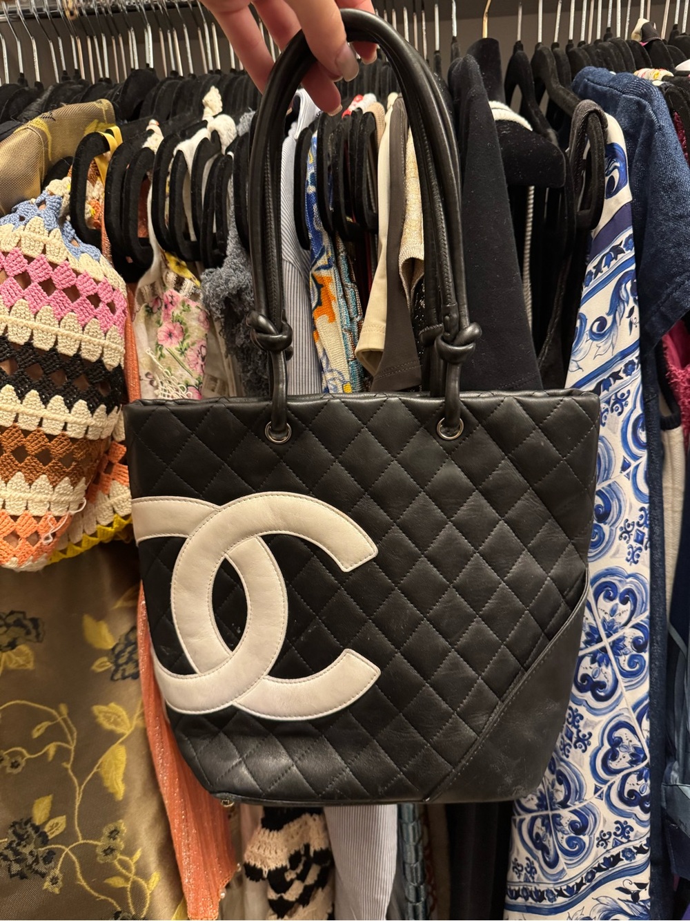 CHANEL Black Quilted Shoulder Tote with White CC Patch